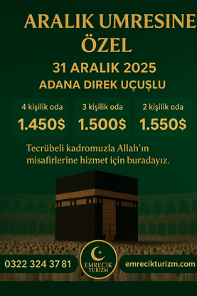 25-30 Aralık   direk Adana uçuşlu  Ekonomik  20 Günlük  Umre turu resmi
